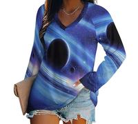 Elementos del Cielo Estrellado Camiseta Mujer Manga Larga, Corte Holgado con V Escote Planetas Espaciales, Camiseta Básica Manga Larga Azul Oscuro Suave Y Cómoda Día A Día 4XL