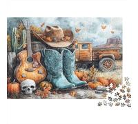 Elementos del Oeste en Otoño Rompecabezas para Adultos |Guitar Botas de Vaquero Cactus| 52x38cm/1000pcs Juegos Educativos De Decoración del Hogar