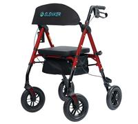 ELENKER Andador todo terreno con ruedas no neumáticas de 10 pulgadas, asiento y respaldo acolchados de esponja, marco de ajuste completo para personas mayores, color rojo