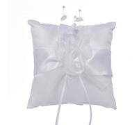 ELEOUTI Cojín de Anillo de Boda Blanco de Tejido Lazo de Flores y Perlas, 15 X 15 Cm, Diseño Elegante y Correa Trasera para Proteger el Anillo en Compromisos