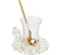 ELEOUTI Juego de Taza de Café y Té de Vidrio Transparente Estilo Europeo, Set de 3 Piezas con Platillo y Cuchara, Taza para Leche, Refrescos y Bebidas Calientes en Hogar y Oficina, Silver