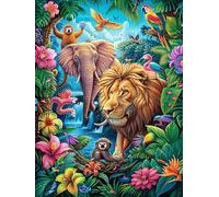 Elephant and León en el jardín Puzzle 1000 Piezas Aliviar Estrés 3D Wild Animals Fantasy Hada Tale Rompecabezas Familiar para Hombres Y Mujeres Obra De Arte Decorativo Hogar 1000 PCS