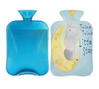 Elephant Moon Star - Botella de agua caliente con funda esponjosa, 2 L, botella de elefante de gran capacidad, bolsa de agua para noches acogedoras, alivio del dolor de espalda, cuello y hombros