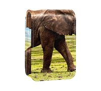 Elephant on the Grassland - Estuche portátil para pintalabios para viajes, mini caja de almacenamiento de lápiz labial con espejo para mujeres y mujeres, bolsa de cosméticos de cuero, Varios colores, 9.5x2x7 cm/3.7x0.8x2.7 in