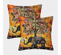 Elephant Tree Art-Folk Art Style Decor Fundas De Cojín del Sofá Juego De 2 Available All Seasons Fundas De Almohada Decorativos Cuadrado Almohadas Fundas para Sala Hogar 50x50cm