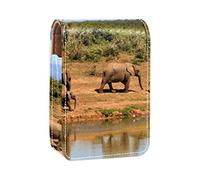 Elephant Walking by the River - Estuche portátil para pintalabios para viajes, mini caja de almacenamiento de lápiz labial con espejo para mujeres y mujeres, bolsa de cosméticos de cuero, Varios colores, 9.5x2x7 cm/3.7x0.8x2.7 in