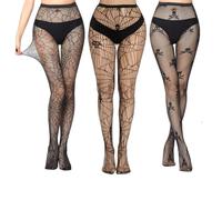 Elepl 3 PCS Medias Rejilla Mujer HalloweenAlta Elástico Medias de Rejilla Negras Esqueleto & Telarañas Medias de Red de Pesca Medias Malla para Disfraz Halloween Accesorios