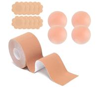 Elepl Cinta Adhesiva Pecho 5 Metros + 5 Pares Satén Cintas para Senos + 2 Pares Reutilizable Silicona Cubre Pezones Sujetador Invisible Cinta Sujetador Levantamiento para Copa A-E Cinta Invisible