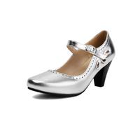 elerhythm Mary Jane Teardrop escote clásico y retro de los años 20 bomba tacones 1950 Vintage punta cerrada redonda 1940 correa de tobillo zapatos de vestir para mujer, plata, 38 EU