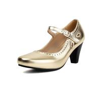elerhythm Mary Jane Teardrop escote clásico y retro de los años 20 bomba tacones 1950 Vintage punta cerrada redonda 1940 correa de tobillo zapatos de vestir para mujer, dorado, 40 EU