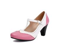 elerhythm Mary Jane Two Tone Classic and Retro Oxford Wingtip 1920 Pump Tacones Zapatos de tacón vintage de los años 50 Redondo Cerrado Punta Redonda con Correa de Tobillo de los años 40, Rosa., 38 EU