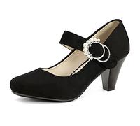 elerhythm Mary Janes - Zapatos de tacón para mujer de los años 20, estilo retro de los años 20, Gatsby de los años 50, punta redonda, hebilla de perlas, correa de tobillo, Negro , 41 EU