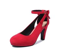 elerhythm - Tacones Mary Jane de mujer con lazada estilo retro, punta redonda cerrada, de ante, con correa al tobillo, estilo Gatsby vintage, rojo, 39 EU