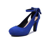 elerhythm - Tacones Mary Jane de mujer con lazada estilo retro, punta redonda cerrada, de ante, con correa al tobillo, estilo Gatsby vintage, azul real, 38 EU