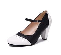 elerhythm Zapatos Mary Jane de mujer de dos tonos, clásicos y retro de los años 1920, tacón de aguja estilo Gatsby Oxford, estampado de los años 1950, punta redonda cerrada, cinturón de tobillo