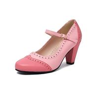 elerhythm Zapatos Mary Jane de mujer, estilo clásico y retro de los años 1920, tacón de aguja Oxford con estampado de los años 1950, vintage, punta redonda cerrada, cinturón de tobillo, Rosa., 38 EU