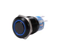 Elerose para el botón de encendido y apagado del automóvil 19 mm 12 V Interruptor de botón de metal resistente al agua con autobloqueo Interruptor de botón de luz de anillo LED de carcasa negra (azu