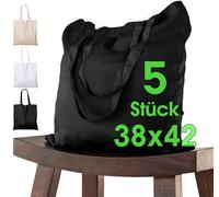 ELES VIDA Bolsa de algodón 38x42 cm 5 piezas sin imprimir, dos asas largas con certificación OEKO-TEX® Bolsa de tela, bolsa de transporte, bolsa de algodón, bolsa de compras, bolsa de yute, Negro