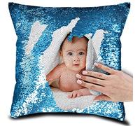 Eletizy Funda de Almohada Reversible con Foto Personalizada, diseño mágico, con Lentejuelas, impresión a una Cara, con Foto de Mascota, Pareja y Familia, 40 x 40 cm (Azul Lago)