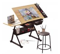 Elevador de Tijeras de eléctrico Mesa elevadora eléctrica de Tijera, estación de Trabajo para Pintar y Juego de Taburete. Escritorio de Dibujo de Madera Maciza, Ajustable en Altura (68-90 cm