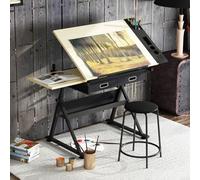 Elevador de Tijeras de eléctrico Mesa elevadora, Escritorio para Manualidades, estación de Trabajo, Escritorio para Artista, Altura y ángulo Ajustables, con Taburete, cajones de almacenamien