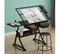 Elevador de Tijeras de eléctrico Mesa elevadora para Dibujo artístico con Taburete, estación de Trabajo de Dibujo, Altura Ajustable (74-93 cm) y ángulo (0-50°), cajones, Mesa Auxiliar, Estan