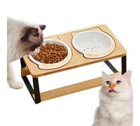 Elevated Cat Bowls, Cat Raised Food Bowl, Double Tall Ceramic Dish, Spill-Proof Non-Slip Wooden Base, Comfortable Feeding Station for Kitten Puppy Eating Drinking, 33x18x14.5cm