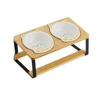 Elevated Cat Bowls, Cats Raised Food Bowl, 13x7.1x5.7inches Spill Proof & Non Slip Wooden Base, Double Tall Ceramic Dish for Kittens, Puppies, Eating, Drinking and Travel