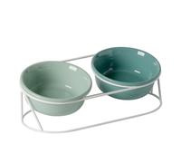 Elevated Ceramic Cat Bowls with Metal Stand Cervical Spine Protection Tilted Pet Food Water Bowl Shallow Cat Food Dish Whisker Friendly for Food & Water (Cuenco Doble Verde Oscuro + Verde Claro)