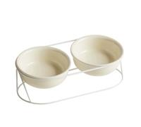Elevated Ceramic Cat Bowls with Metal Stand Cervical Spine Protection Tilted Pet Food Water Bowl Shallow Cat Food Dish Whisker Friendly for Food & Water (Cuenco Doble Beige)