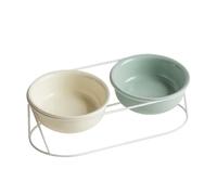 Elevated Ceramic Cat Bowls with Metal Stand Cervical Spine Protection Tilted Pet Food Water Bowl Shallow Cat Food Dish Whisker Friendly for Food & Water (Cuenco Doble Beige + Verde Claro)