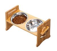 Elevated Dog Bowl Stand | Wood, 16.5in x 7.7in x 7.3in | Adjustable Raised Feeder with 2 Stainless Steel Bowls | Pet Feeding Station for Cats & Dogs