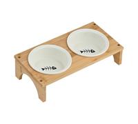 Elevated Dog Bowls, Ceramic Dog Water Bowl with Wooden Base, 12.6x6.3x3.5inches, Non-Slip Whisker Friendly Feeding Station, Suitable for Small, Medium, Large Puppies and Kittens