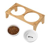 Elevated Pet Bowl, Tilted Ceramic Water Dish, Non-Slip Whisker-Friendly Design, Wooden Base Feeding Station for Small, Medium, Large Dogs and Kittens, 12.6x6.3x3.5 Inches