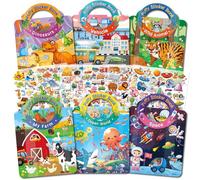 Elfew 6 libros de pegatinas reutilizables, 3D reutilizables para niños de 2 a 4 año, pegatinas para niños, dinosaurios, mundo submarino, granja, animales salvajes, automóviles, espacio
