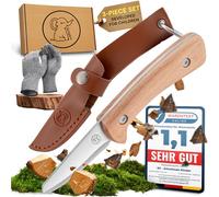 Eli® Cuchillo de talla para niños con funda de cuero a partir de 8 años - cuchillo infantil set de talla con guantes resistentes a cortes - cuchillo para tallar para niños - herramienta de talla
