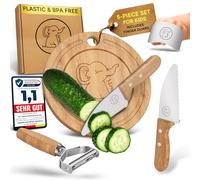 Eli® Cuchillos para niños - juego de cuchillos de cocina para niños seguro y de 5 piezas - incluye protector de dedos - pelador - tabla de cortar - acero inoxidable