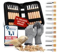 Eli Juego de tallado para niños (15 piezas), incluye guantes, bolsa y piedra de afilar, 12 herramientas de tallado de alta calidad, cuchillo para tallar para niños y niñas