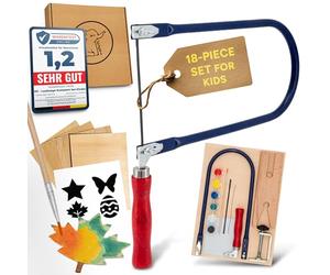 Eli® Sierra de hoja para niños - Juego completo para marquetería con plantillas creativas - Hojas de sierra - Pinturas - Pincel - Papel de lija - Madera - Idea de regalo