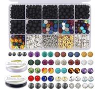 Eliano Juego de 600 cuentas de lava, cuentas negras y coloridas de chakras (4 mm a 8 mm), con espaciador de metal y cuerdas elásticas, kit de pulsera para hacer joyas, meditación y proyectos de atenci