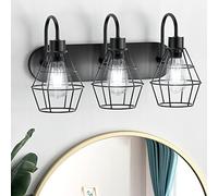Elibbren Lámpara de tocador de baño industrial de estilo retro, 3 luces, aplique de pared vintage negro mate con jaula, base E26, lámpara de pared para tocador de baño
