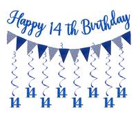 Elicola Decoración azul para fiesta de cumpleaños número 14, banderines con remolinos colgantes para niños, cumpleaños, aniversario, fiesta, suministros de decoración (EL-14th-azul)