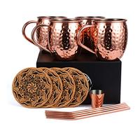 Eligara Juego de 4 Tazas de Cobre para el cóctel de la Mula moscovita, Juego de Regalo de 16 onzas con un Vaso de chupito Bonus, 4 pajitas y 4 Posavasos