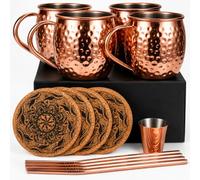 Eligara Juego de 4 Tazas de Cobre para el cóctel de la Mula moscovita, Juego de Regalo de 16 onzas con un Vaso de chupito Bonus, 4 pajitas y 4 Posavasos
