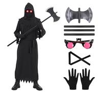 ELINA Disfraz de Halloween para Niños,Traje de Disfraces Grim Reaper de Halloween con Hacha de la Muerte y Guantes Gafas Brillantes y Máscara