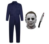 ELINA Michael Myers Aterrador Disfraz Costume de Cosplay de Carnaval de Halloween con Plastico Sangriento Cuchillo de Juguete y Látex Máscara