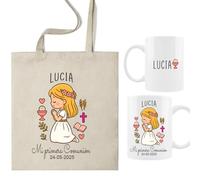 ELISA BOTELLA Pack Personalizado Primera Comunión, Taza y Bolsa con Nombre y Fecha, Diseño Ilustrado, Elección de Color de Pelo, Regalo para Invitados (RUBIA - Pack comunion niña personalizado REZO)