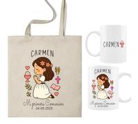 ELISA BOTELLA Pack Personalizado Primera Comunión, Taza y Bolsa con Nombre y Fecha, Diseño Ilustrado, Elección de Color de Pelo, Regalo para Invitados (MORENA - Pack comunion niña personalizado REZO)