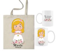 ELISA BOTELLA Pack Primera Comunión Mi Taza + Bolsa, Detalles Invitados, Regalos Niña (RUBIA - PACK PERSONALIZADO)