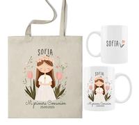 ELISA BOTELLA Pack Primera Comunión Personalizado, Bolsa y Taza con Nombre y Fecha, Diseño Floral, 350ml